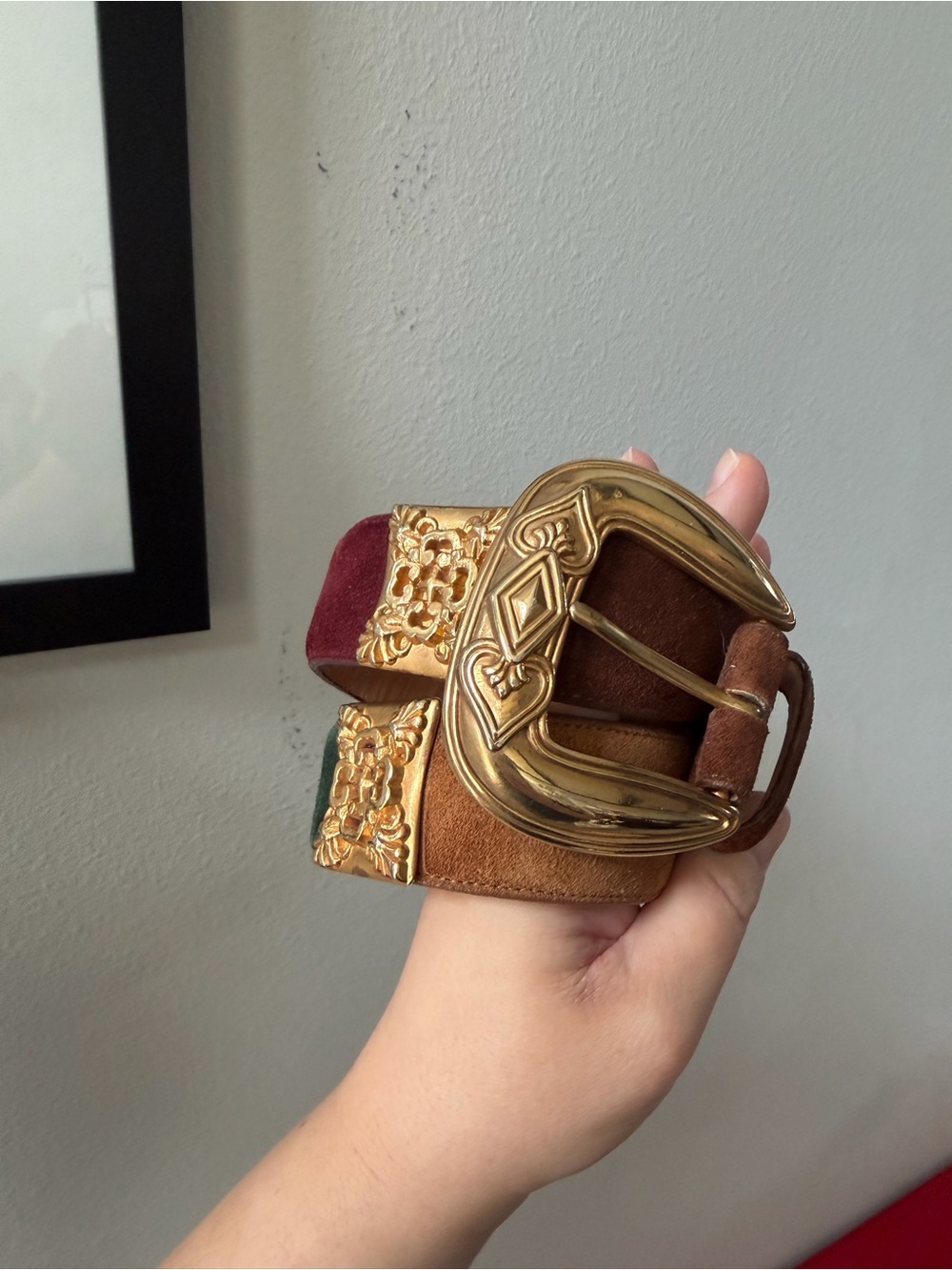 Vintage Brighton Multicolor Colorblock Suede Statement Brass Belt Sz Medium USA - Picture 6 of 15